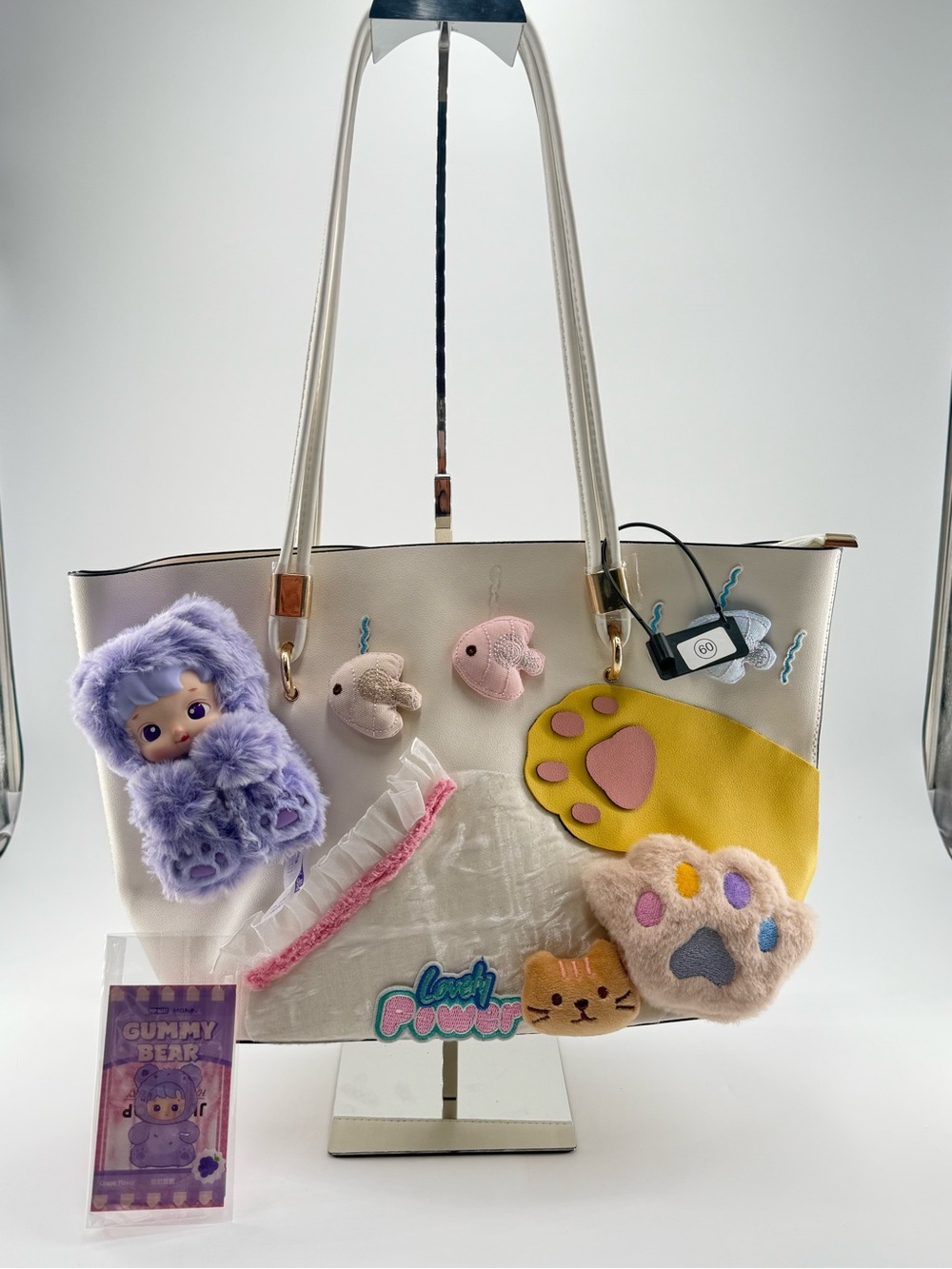 Hacipupu gummy bear White Tote Bag with Pastel Plush Charms